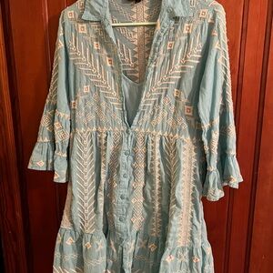 Johnny Was Light Blue Embroidered dress